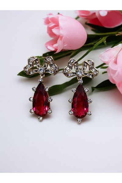 FAYRA ACCESSORIES Crystal Stone Bow Figured Water Drop Earrings