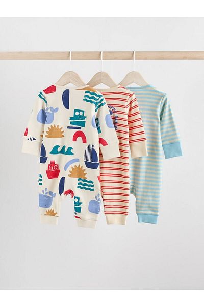 Next Baby 100% Cotton Cream Blue Printed 3-Piece Sleepsuit Set