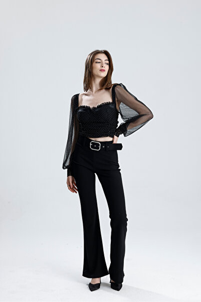 Sense Back Zipper Gloplu U.Sleeve Rubber Gathered Tulle Blouse |   Blz33864 Black