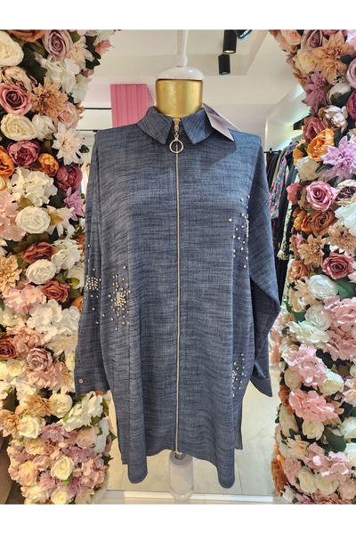 Moodbasic kadın taşlı kot rengi keten takım