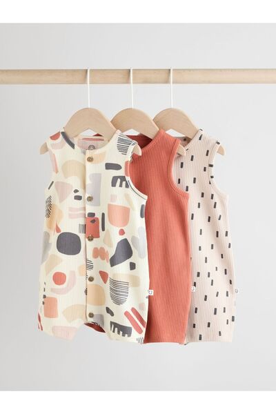 Next Baby 100% Cotton Cream Brick Printed 3-Piece Romper Set