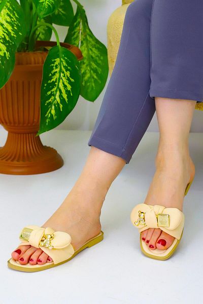 OBAY LİFE Women's Yellow Flat Sole Teddy Bear Buckle Slippers Nbr2038