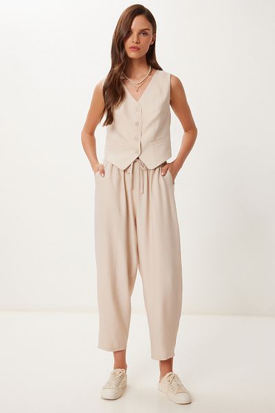 Lovelyİstanbul Crinkle Vest Baggy Trousers Set Cream Lrv0109