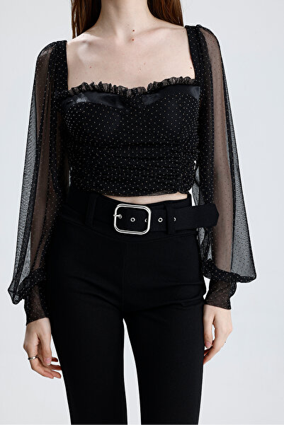 Sense Back Zipper Gloplu U.Sleeve Rubber Gathered Tulle Blouse |   Blz33864 Black