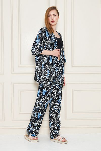 ESPOİRPLUS Women's Blue White Leaf Patterned Kimono Set Comfortable Fit