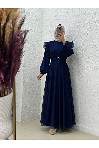 MİHRA STORE Oreleva Φόρεμα με βολάν ώμου με πλισέ τούλι-PA9596 Navy Blue