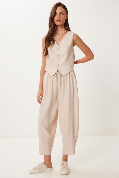 Lovelyİstanbul Crinkle Vest Baggy Trousers Set Cream Lrv0109