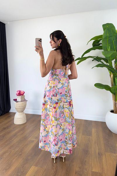 BİRCANÇİL Moi Multicolored Halter Neck Floral Patterned Midi Length Dress