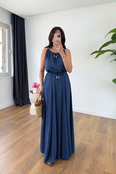 BİRCANÇİL Bonita Indigo Beaded Strap Skirt Lined Blouse Set