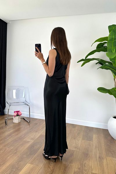 BİRCANÇİL Lora Black Suspender Gathered Satin Dress