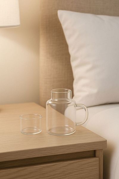 ERKUGO Borosilicate Glass Bedside Jug and Cup – 2 in 1 Design with Lid 600ml