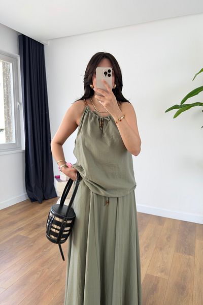 BİRCANÇİL Bonita Khaki Beaded Strap Skirt Lined Blouse Set