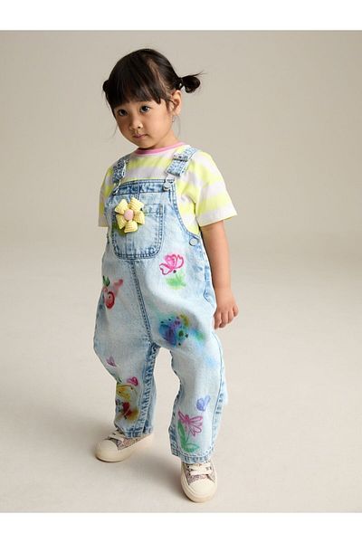 Next Baby 100% Cotton Denim Floral Printed Salopet Body Set