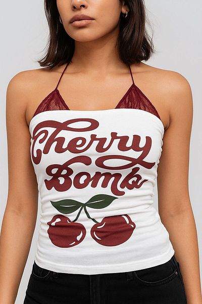 Karakedi Cherry Thin Strap Chest Lace Detailed Short Bodysuit