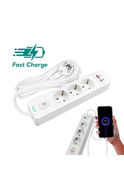 Byes By80-140 Usb Hızlı Şarjlı 3'lü Anahtarlı 2 Metre Kablolu Topraklı Priz |...