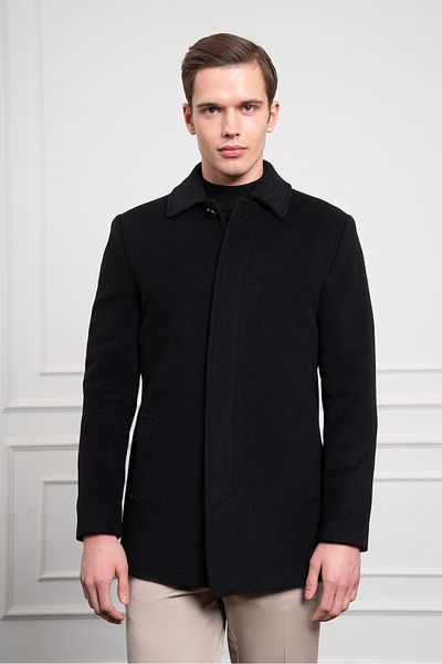 Morven Men's Black Buttoned Berber Collar Dynamic Fit Relaxed Fit Classic Cashmere Coat
