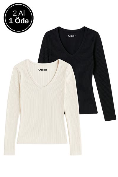 Rich Women's 2-Pack Black-White Basic Pack Cotton Breathable Fabric - Body Hugging Long Sleeve Blouse