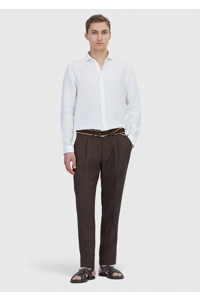 Ramsey Λευκό Απλό Casual Fit Υφαντό Casual 100% Λινό Πουκάμισο