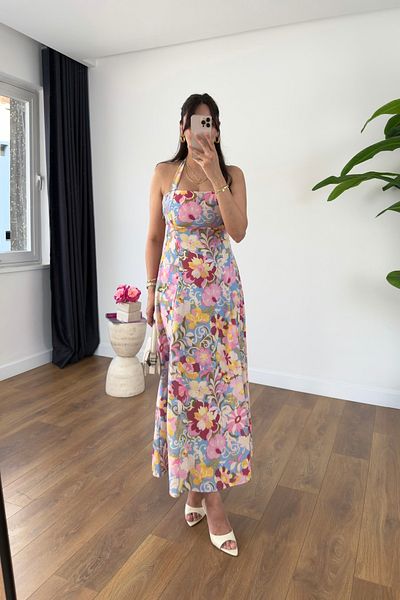 BİRCANÇİL Moi Multicolored Halter Neck Floral Patterned Midi Length Dress