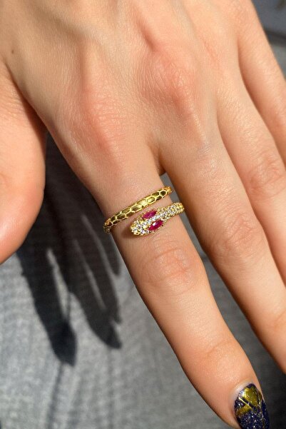 Spossy Silver Jewelry 925 Ayar Gümüş, 14 Ayar Gold, Fuşya Gözlü Yılan Yüzük