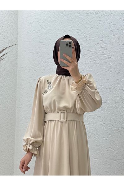 MİHRA STORE Orelesia Waist and Sleeve Elastic Bronch Twill Dress-Ek1144 Stone