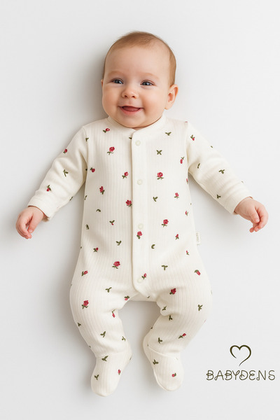 BABYDEN'S Flower Pattern Ribbed Booties Baby Rompers Comfortable Snap Romper for Newborns Ribbed 100% Cotton