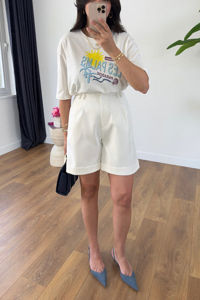 BİRCANÇİL Dania White Double Leg Shorts