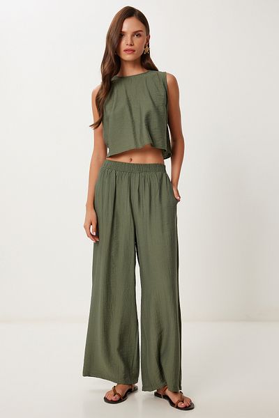 Lovelyİstanbul Tie Detailed Blouse Pants Set Dark Green Lrv0104