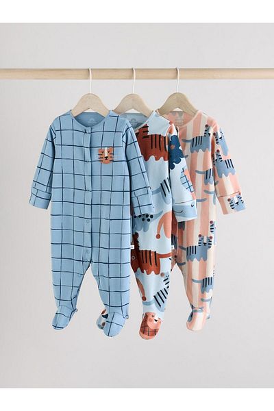 Next Baby 100% Cotton Blue Animal Patterned 3-Piece Sleepsuit Set