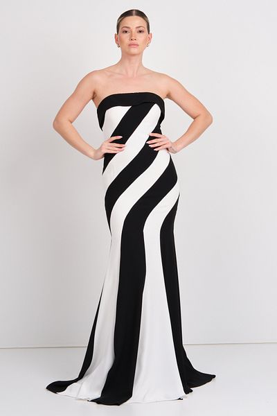 ŞEREF VURAL Şeref Vural Women Strapless Crepe Fabric Fish Form Evening Dress 8333 Black-White