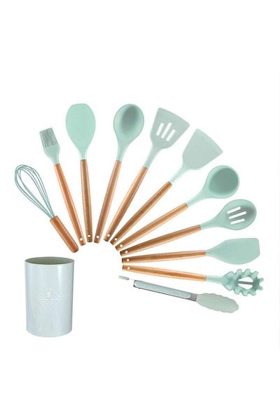 Rovitech Silicone Kitchen Utensil Set, 12 Utensils, Bamboo Wood, Silicone, Turquoise/Wood