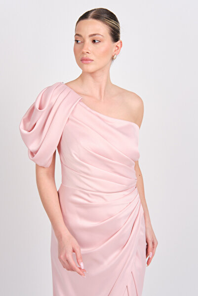 Saygın Women's One Shoulder Satin Maxi Evening Dress 5643 Powder