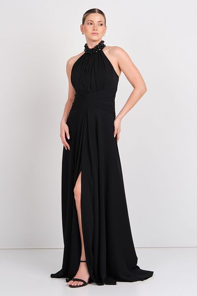 Saygın Women's Halter Neckline and Collar Stone Detail A-Line Maxi Evening Dress 5619 Black