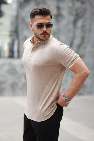 Aymood Men's Button Collar Jacquard Fabric Short Sleeve T-Shirt