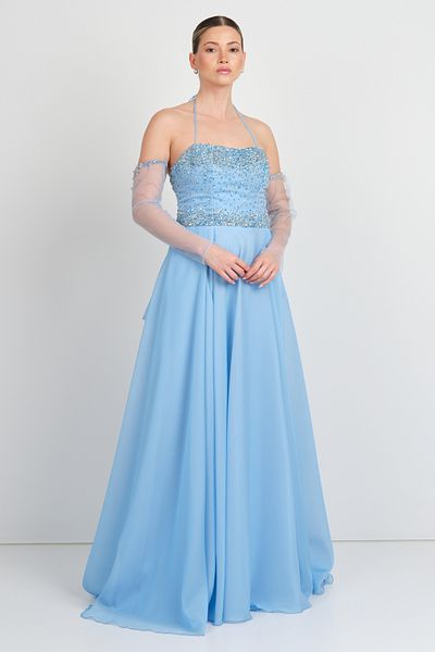 Saygın Women's Halter Neck Maxi Evening Dress with Gloves 5641 Blue