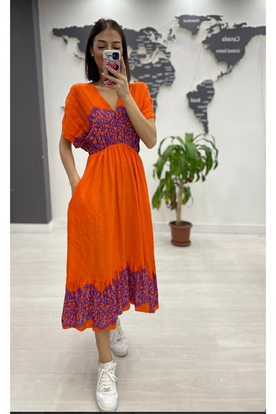 atelyu Women's Orange Mot Viscose Dress with Elastic Waist