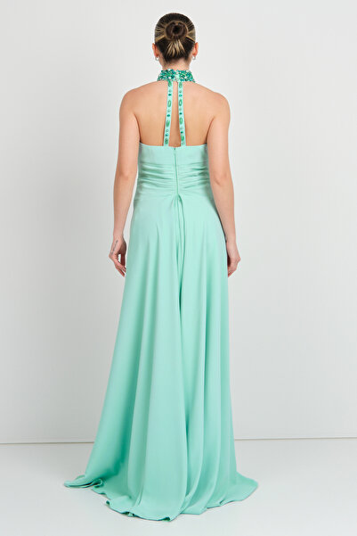 Saygın Women's Halter Neckline and Collar Stone Detailed A-Line Maxi Evening Dress 5619 Mint