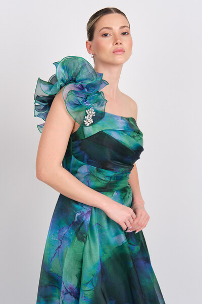 Saygın Women's One Shoulder Patterned Maxi Evening Dress 5632 Green