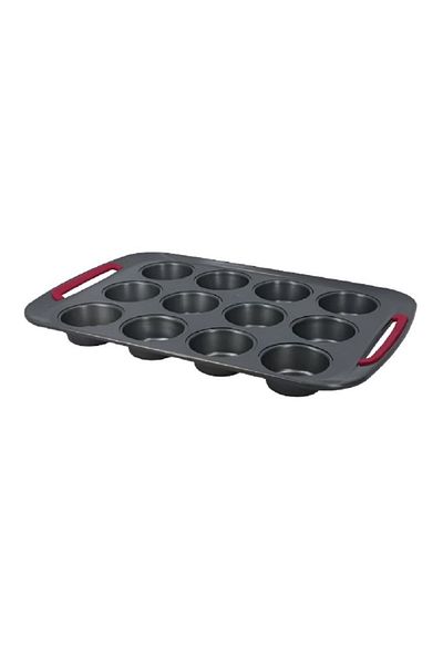 Trudeau 12-Cavity Non-Stick Muffin Tray – Rectangular Carbon Steel Baking Pan, Grey