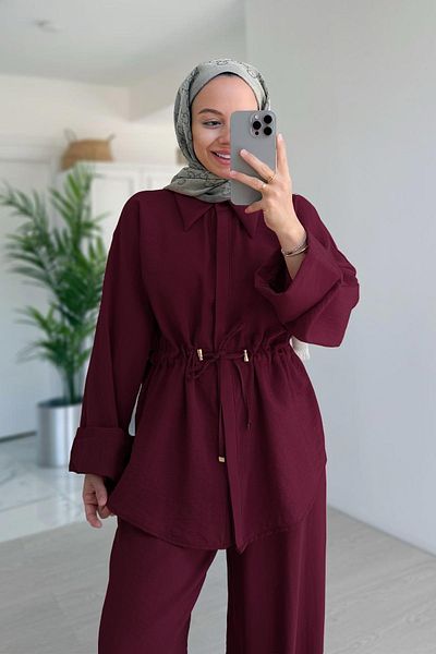 Ka Hijab Relaxed Cut Gather Detailed Suit - Claret Red