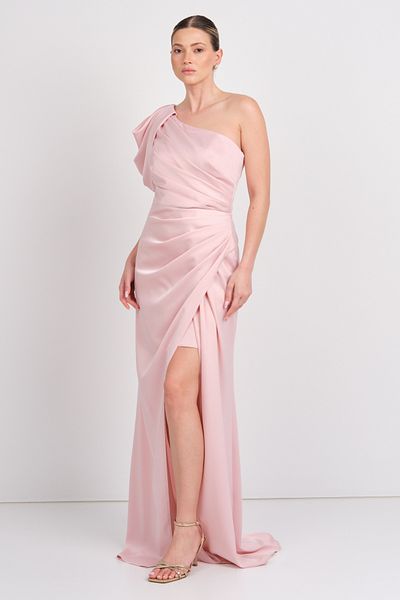 Saygın Women's One Shoulder Satin Maxi Evening Dress 5643 Powder