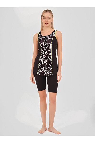 ALFASA Patterned Piping Decorated Strap Semi-Closed Swimsuit - Black -