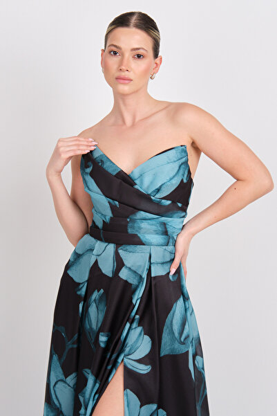 ŞEREF VURAL Şeref Vural Women's Strapless Floral Patterned Maxi Evening Dress 8381 Petrol