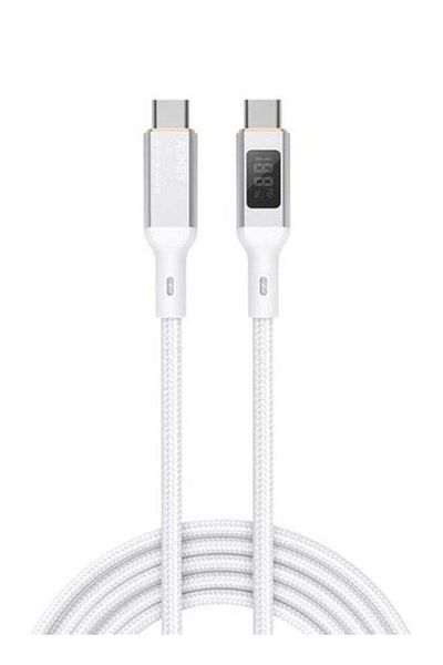 AUKEY كابل USB-C إلى USB-C مضفر من النايلون بتقنية PD بقوة 100 وات مع شاشة LCD بطول 1.8 متر MCC102 أبيض