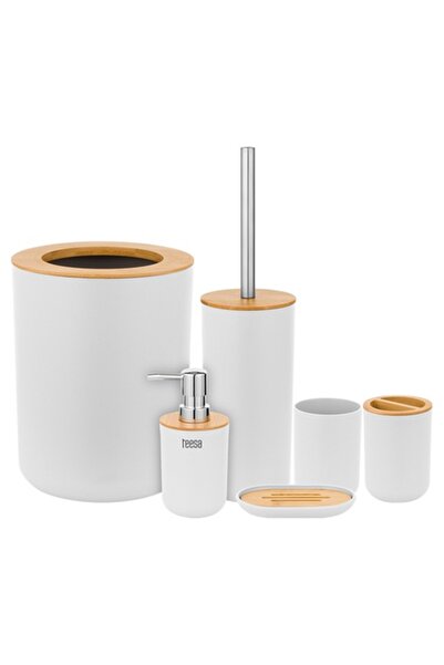 Teesa Set de baie modern din 6 piese cu accente din bambus - Alb