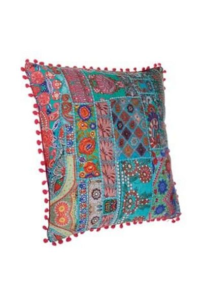 Jumbo Decorative Pillow Boho with Colorful Print and Fuchsia Pom-Poms for Sofa 45 x 45 x 10 cm