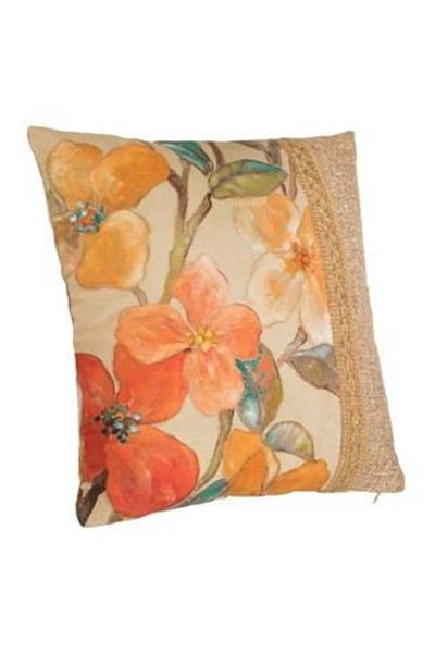 OEM Summer Decorative Cushion Ecru Orange Floral with Jute Edge 45 x 45 cm
