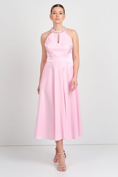 Saygın Γυναικείο βραδινό φόρεμα Halter Neckline Satin Midi 5624 Ροζ