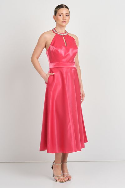 Saygın Γυναικείο βραδινό φόρεμα Halter Neckline Satin Midi 5624 Κόκκινο