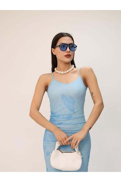 HARMONY GLOBAL Rochie de vară din tul, cu model, cu bretele albastre deschise, cu căptușeală, lungime midi – Rochie 10.130
